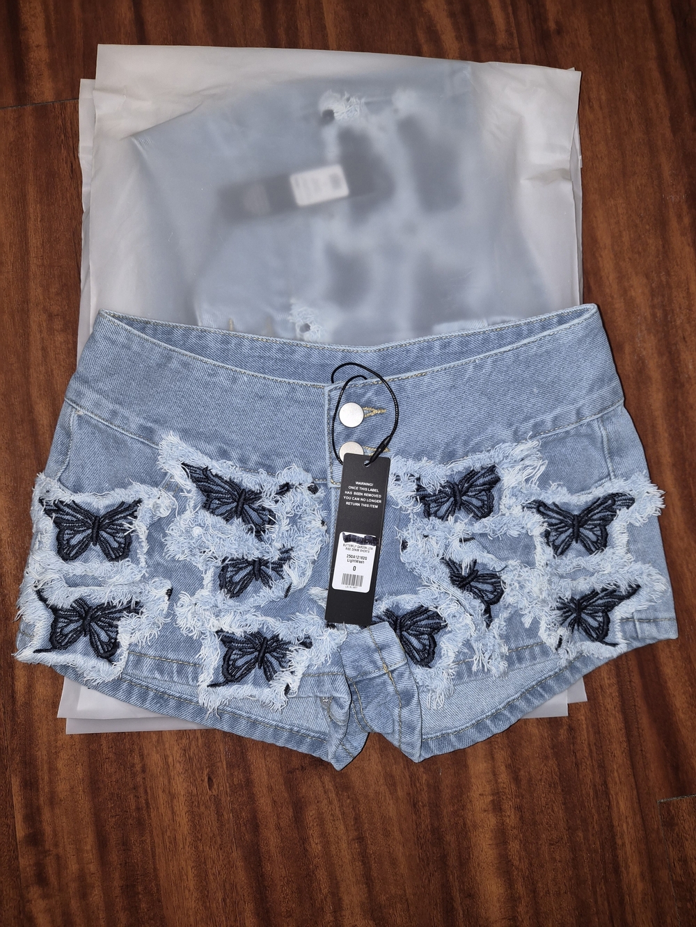 Embroidered Butterfly Light Blue Denim High-Rise Shorts